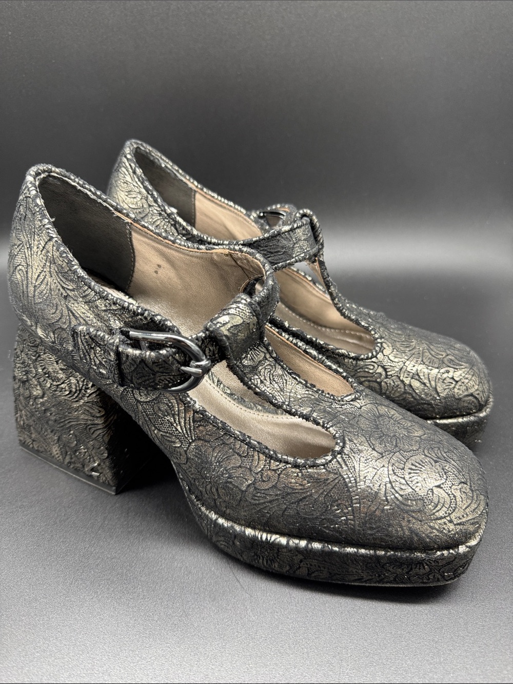 Circus NY by Sam Edelman Kay Dark Pewter Foral  Damask Mary Jane  Heels Sz 6.5